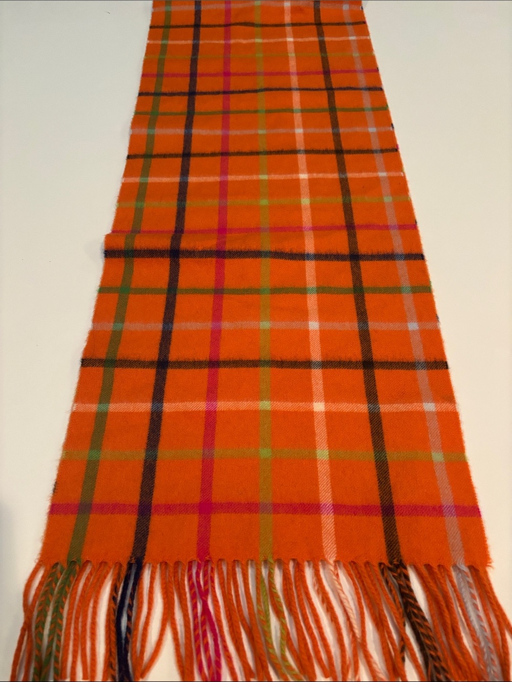 Coach Orange cashmere Plaid Fringe Scarf with Pink, Green and Black Accents